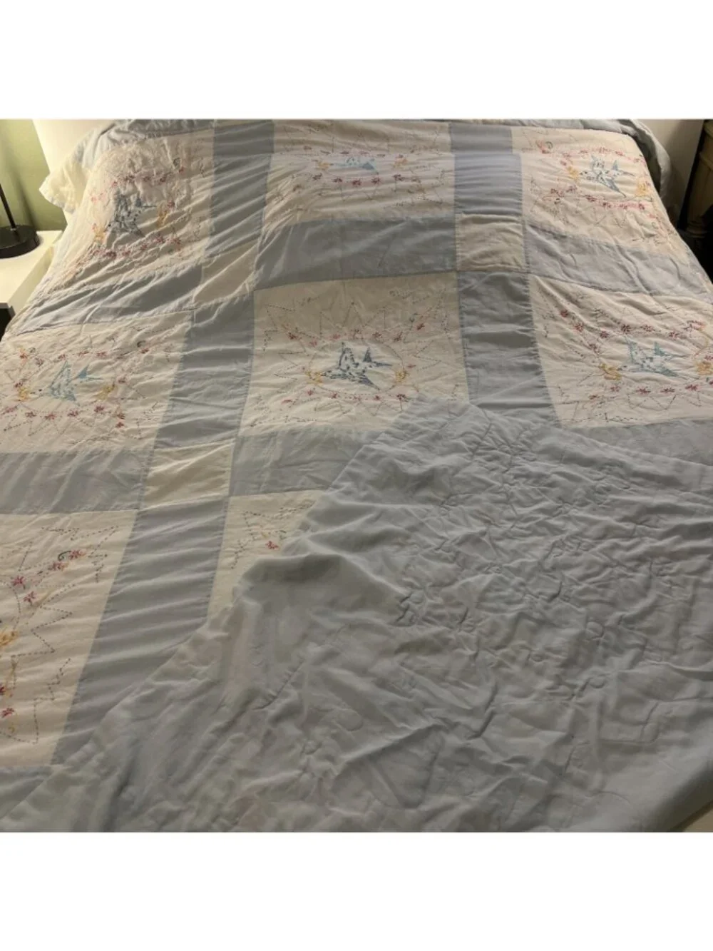 Vintage Quilt Bird Floral Wreath Handmade 74 inches wide x 98 inches long